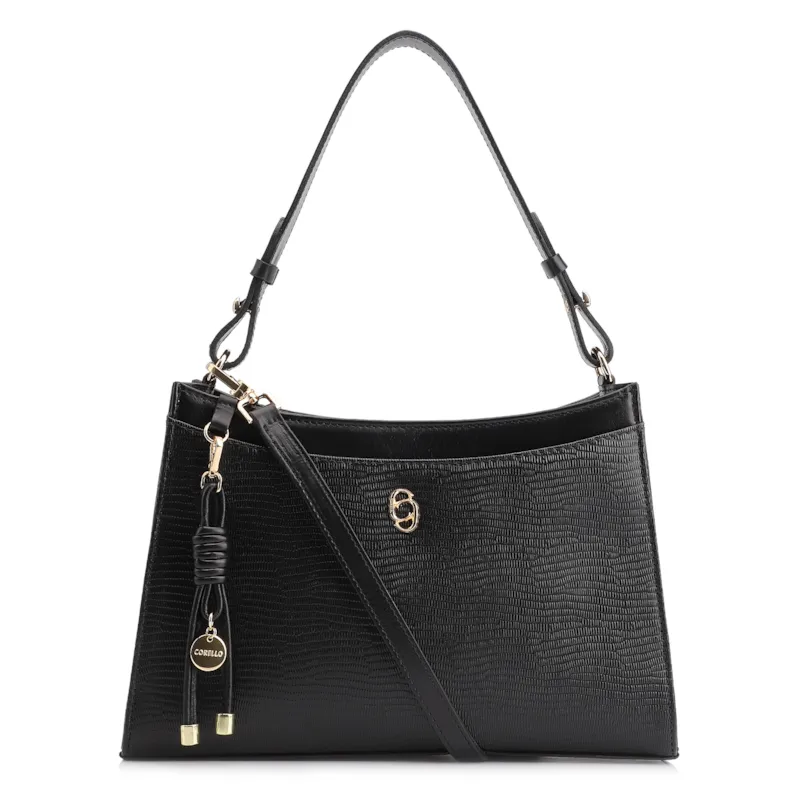 Bolsa De Ombro Média Preta Couro Lezard Pingente Corda