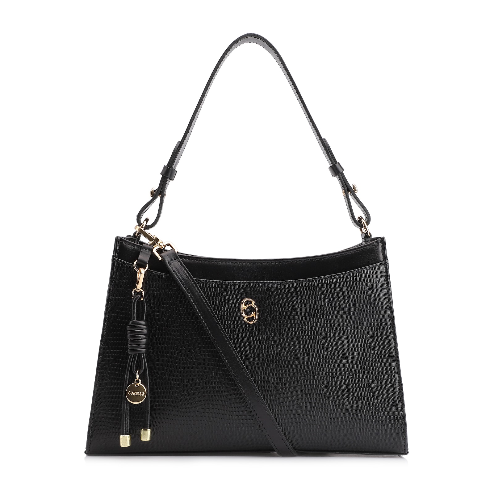 Bolsa De Ombro Média Preta Couro Lezard Pingente Corda