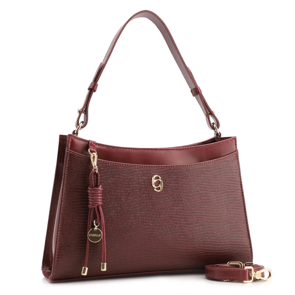 Bolsa De Ombro Média Vinho Couro Lezard Pingente Corda - imagem 2