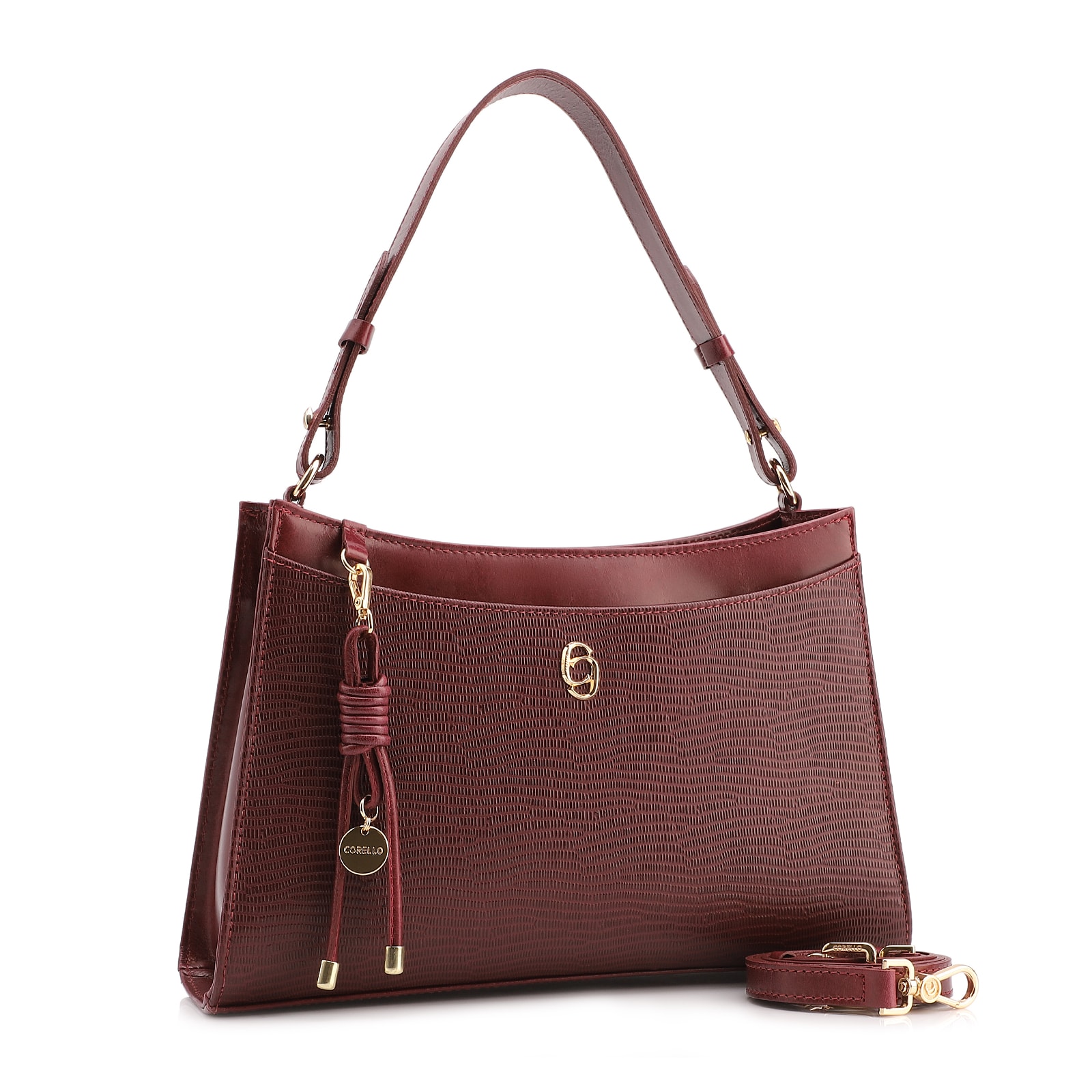 Bolsa De Ombro Média Vinho Couro Lezard Pingente Corda