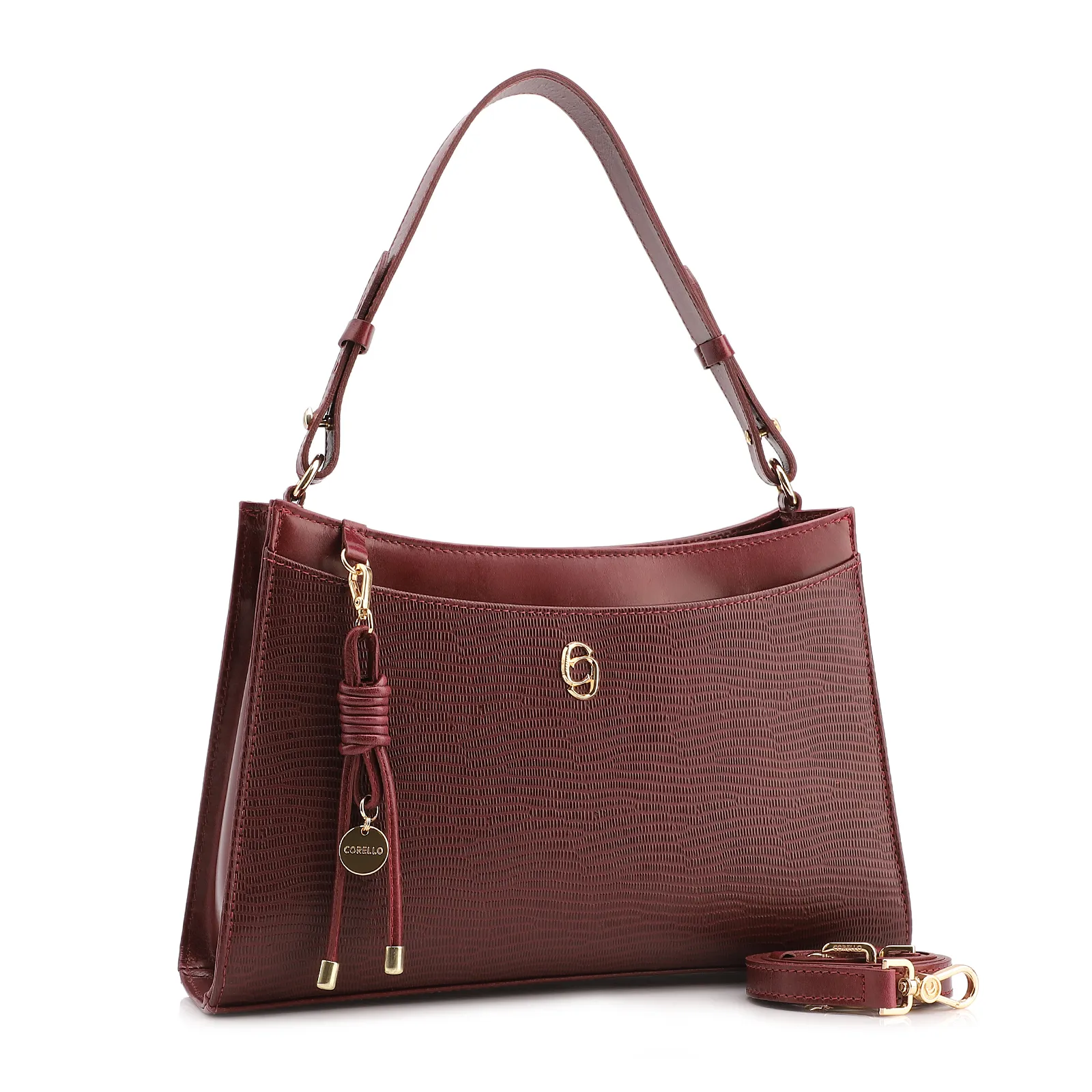 Bolsa De Ombro Média Vinho Couro Lezard Pingente Corda