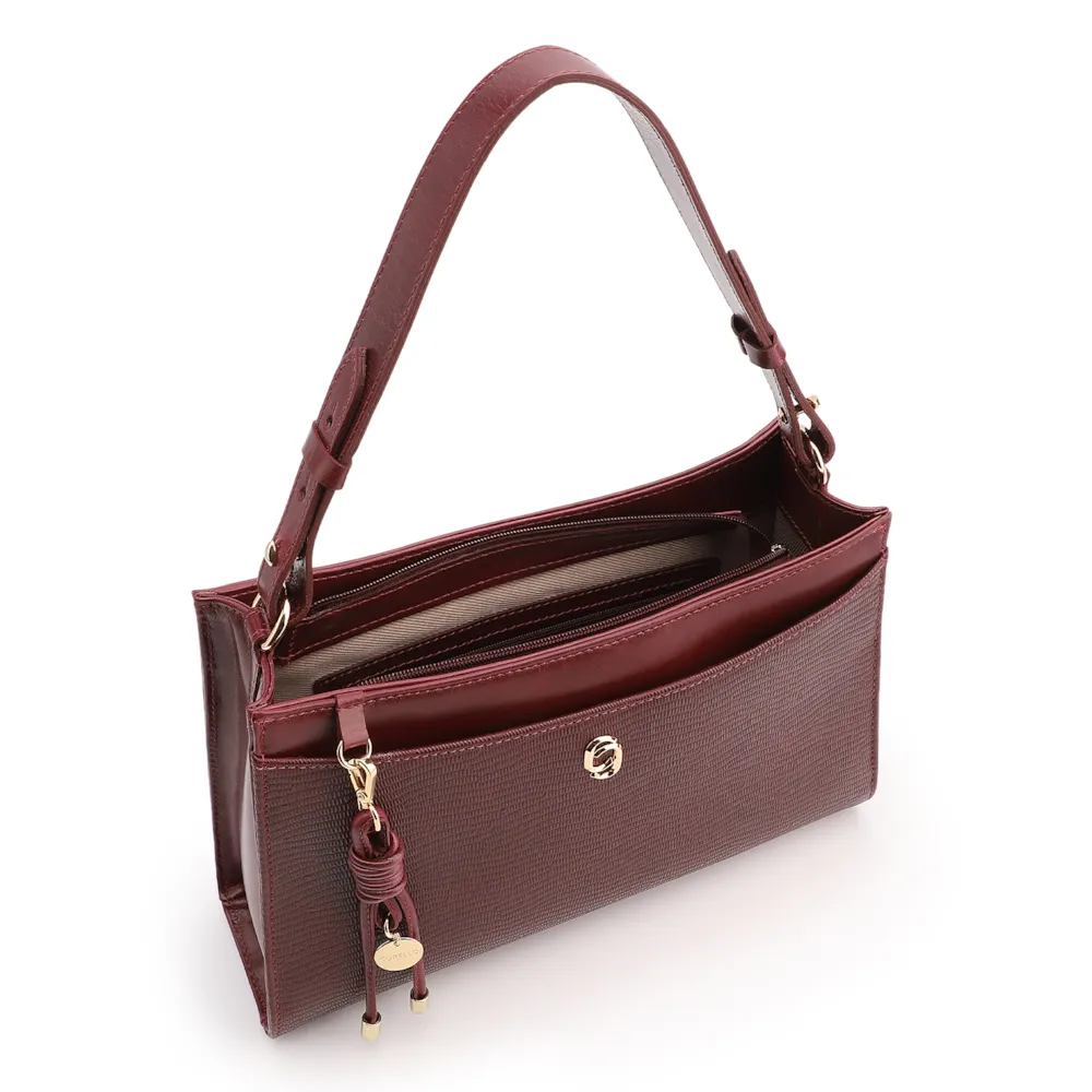 Bolsa De Ombro Média Vinho Couro Lezard Pingente Corda - imagem 4