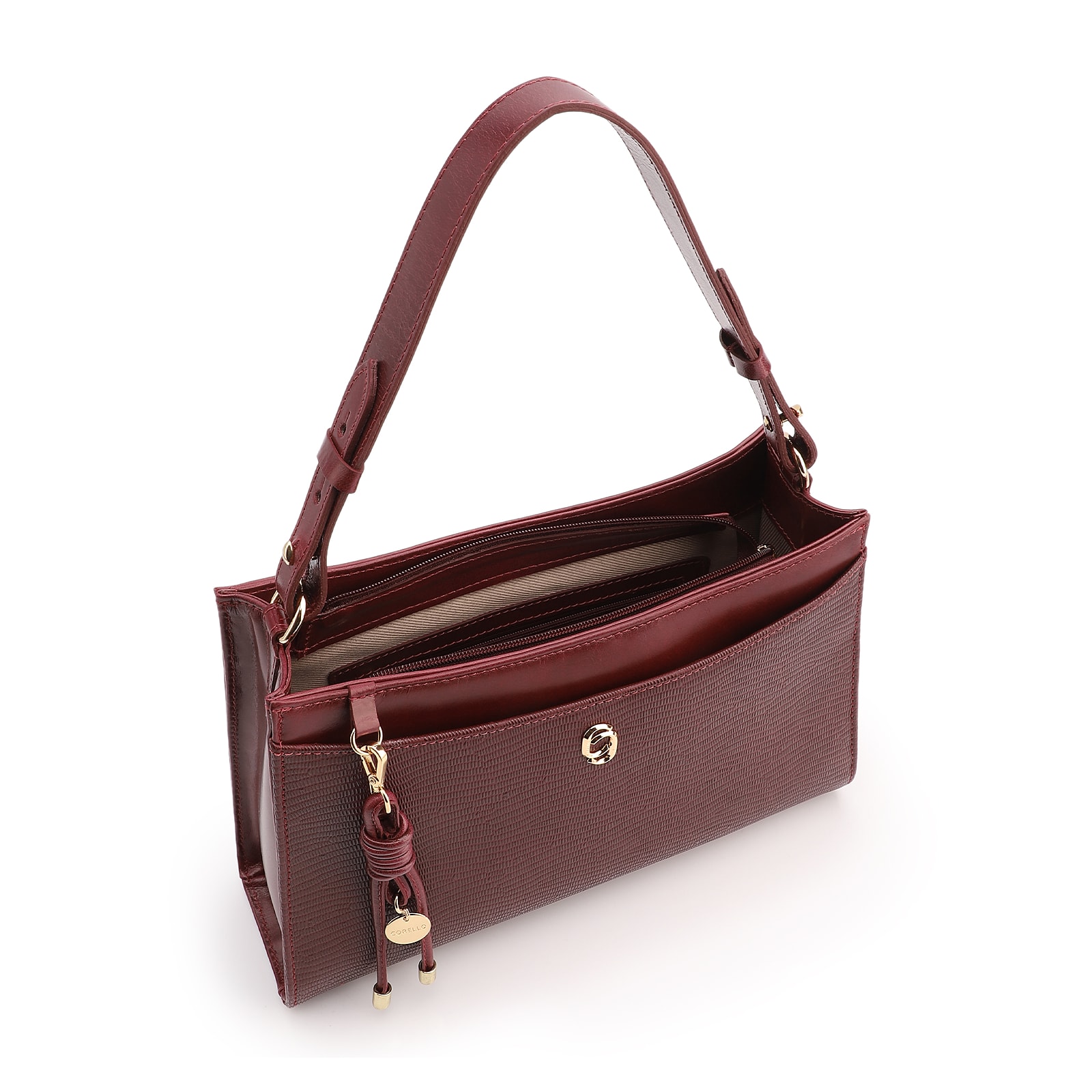 Bolsa De Ombro Média Vinho Couro Lezard Pingente Corda