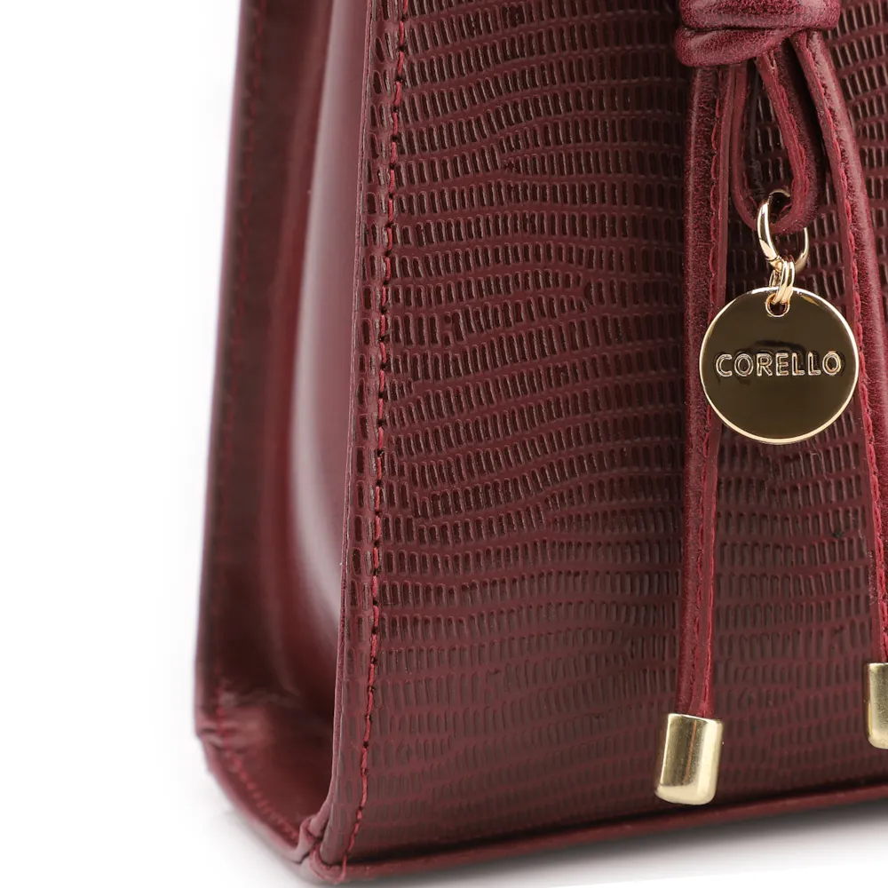 Bolsa De Ombro Média Vinho Couro Lezard Pingente Corda - imagem 7