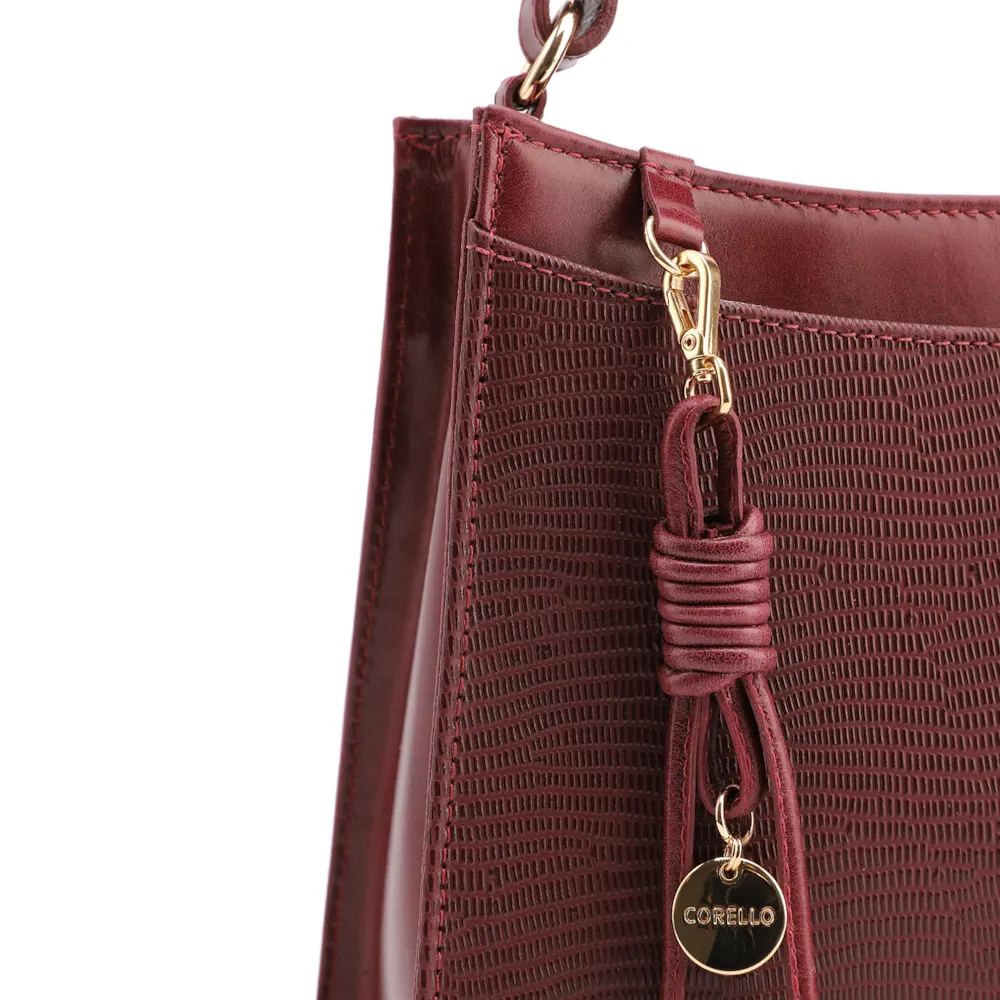 Bolsa De Ombro Média Vinho Couro Lezard Pingente Corda - imagem 8