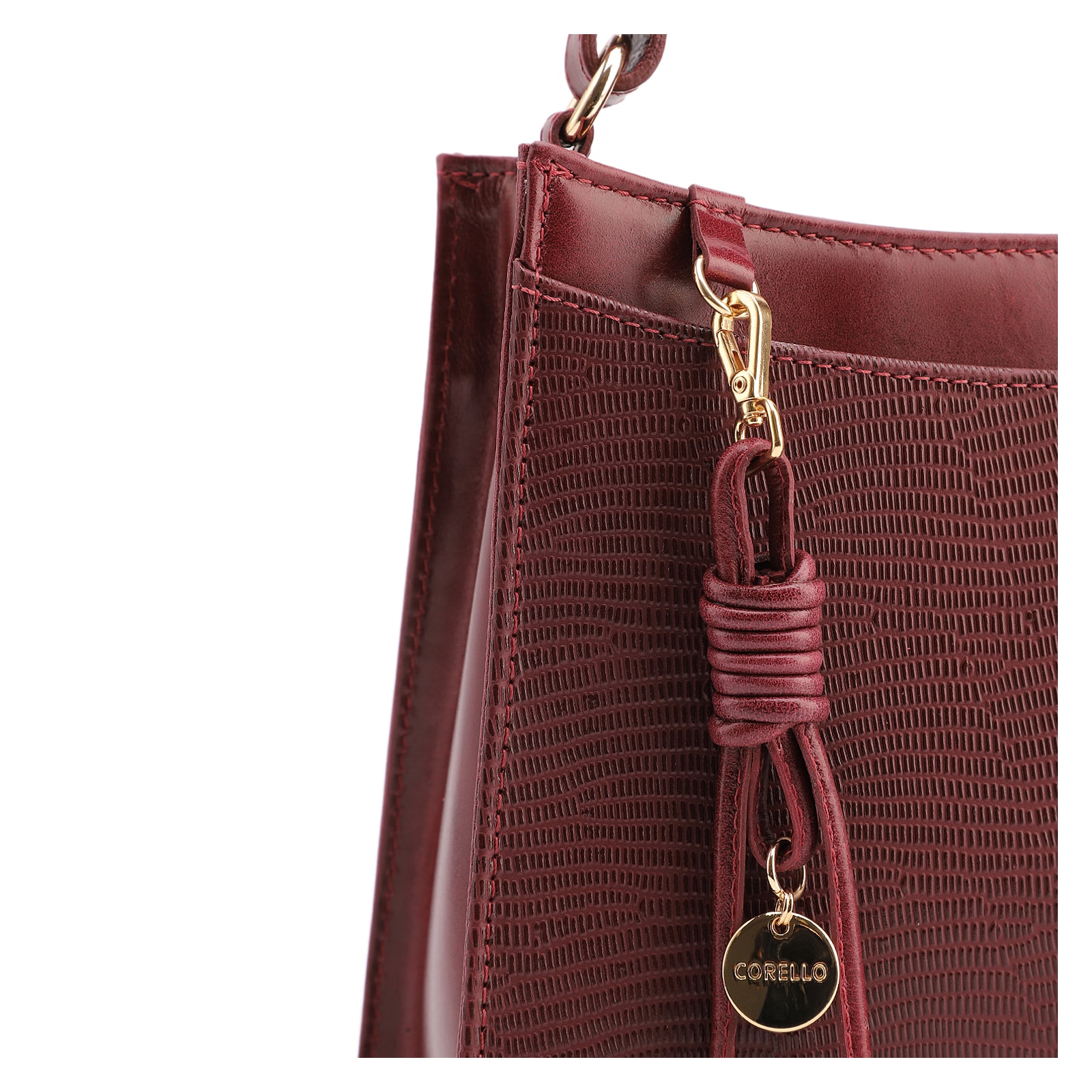Bolsa De Ombro Média Vinho Couro Lezard Pingente Corda