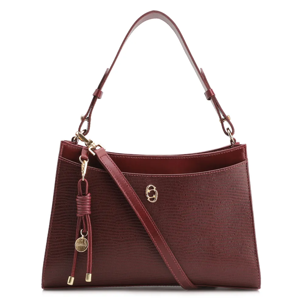 Bolsa De Ombro Média Vinho Couro Lezard Pingente Corda