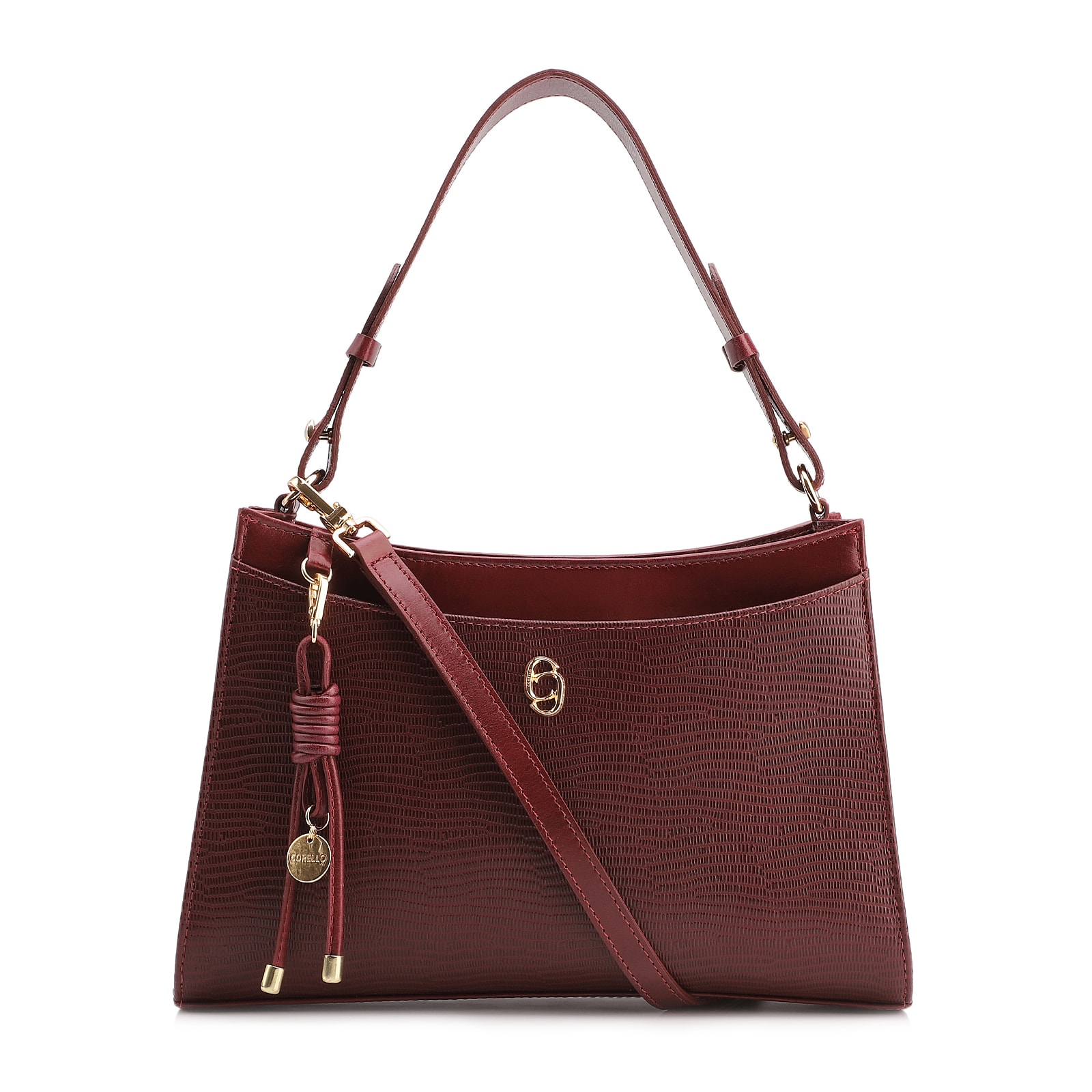 Bolsa De Ombro Média Vinho Couro Lezard Pingente Corda