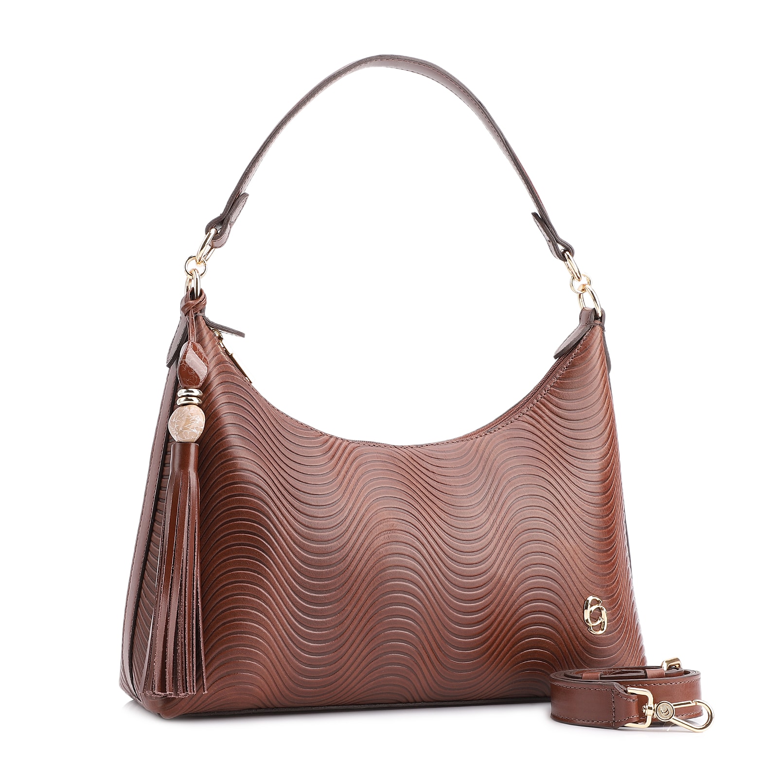 Bolsa De Ombro Ondas Couro Marrom