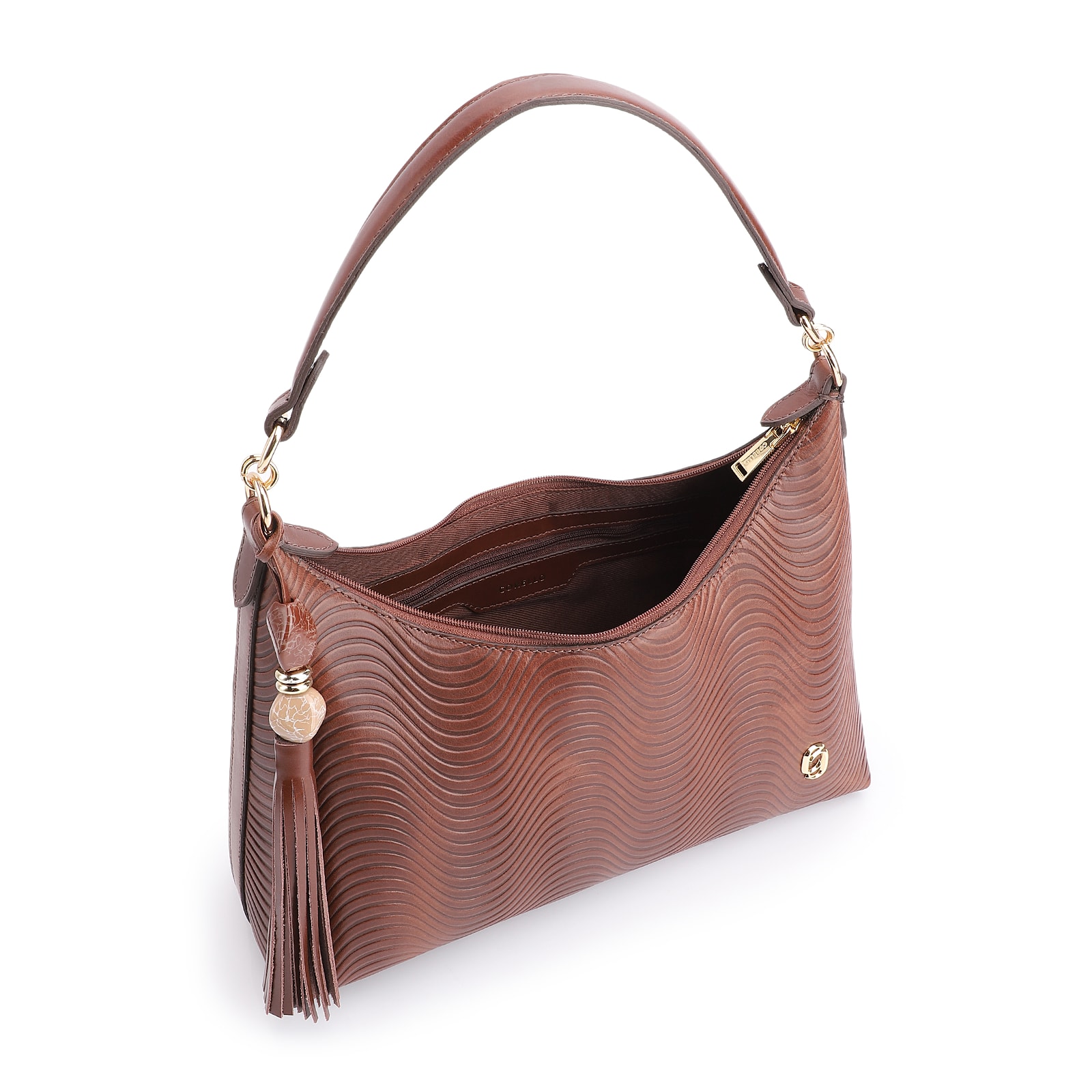 Bolsa De Ombro Ondas Couro Marrom