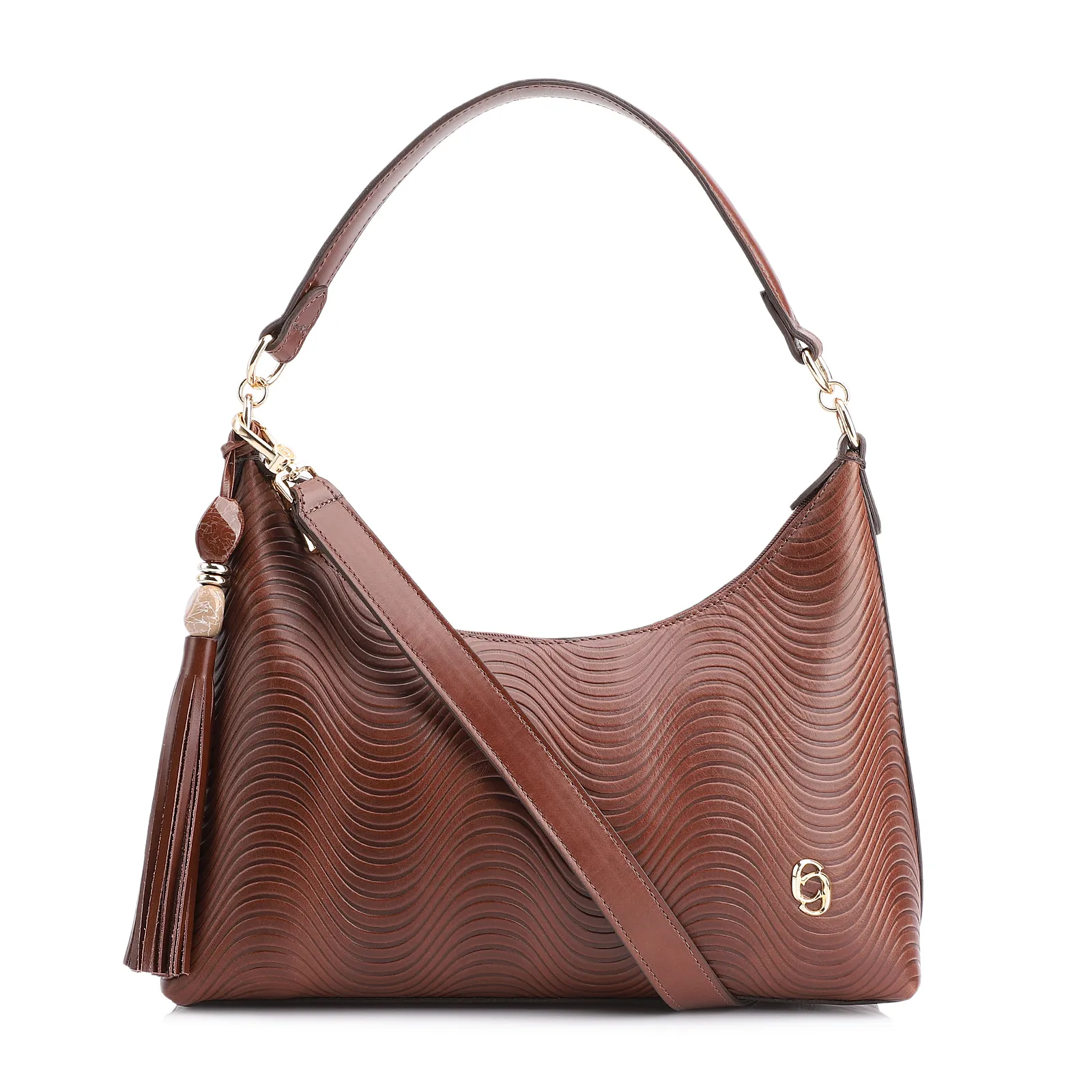 Bolsa De Ombro Ondas Couro Marrom