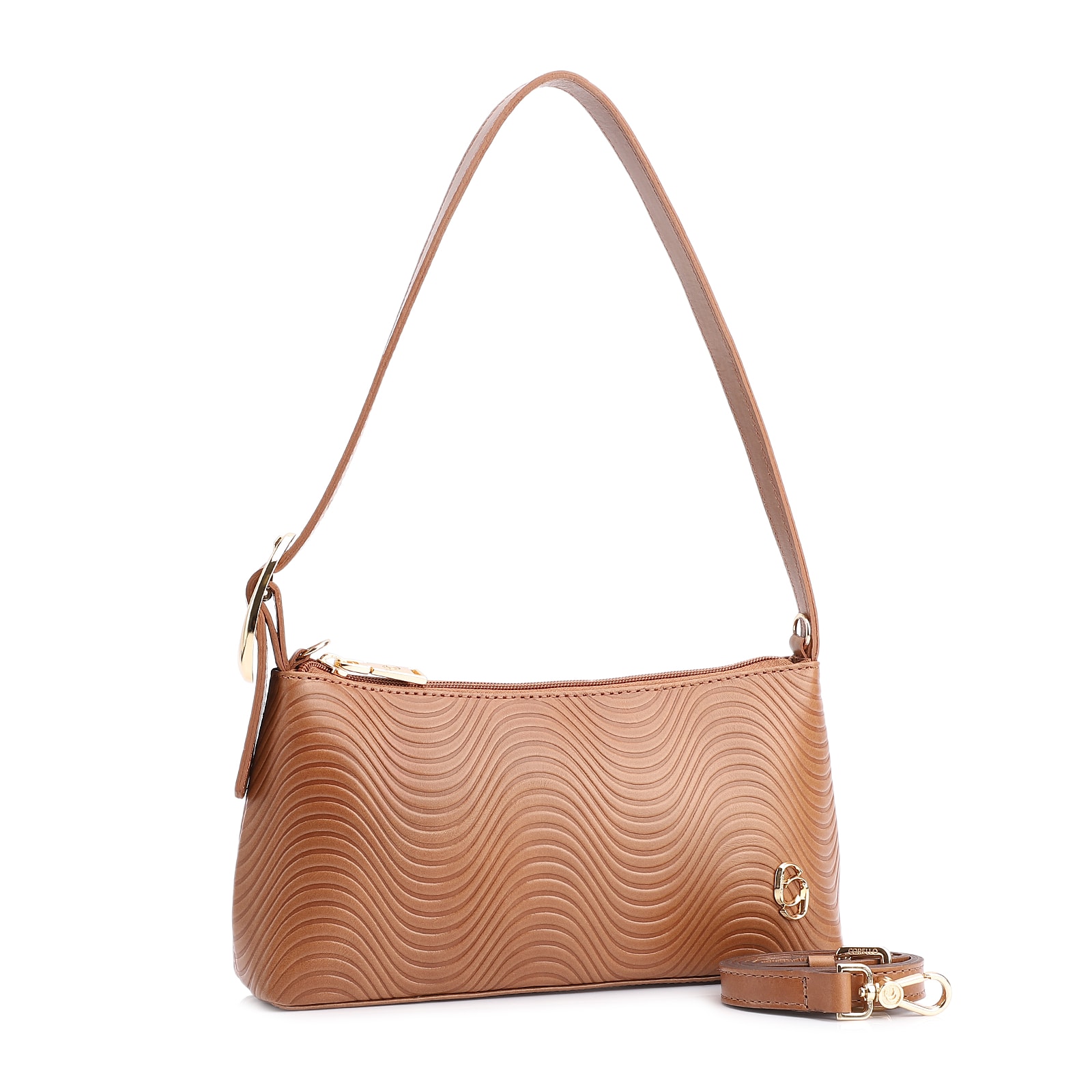 Bolsa De Ombro Ondas Couro Marrom Claro