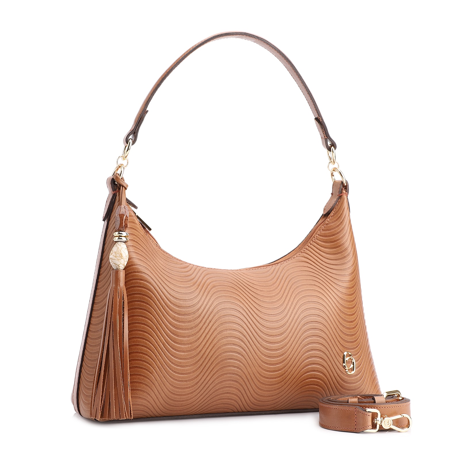 Bolsa De Ombro Ondas Couro Marrom Claro