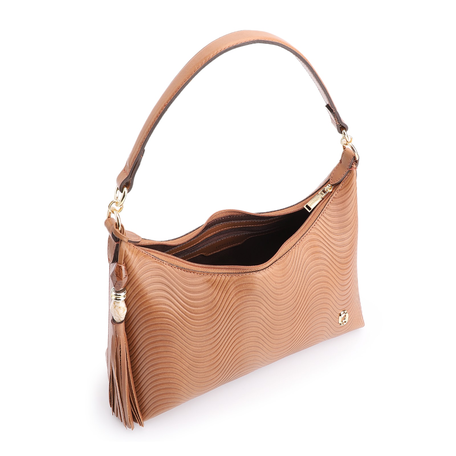 Bolsa De Ombro Ondas Couro Marrom Claro