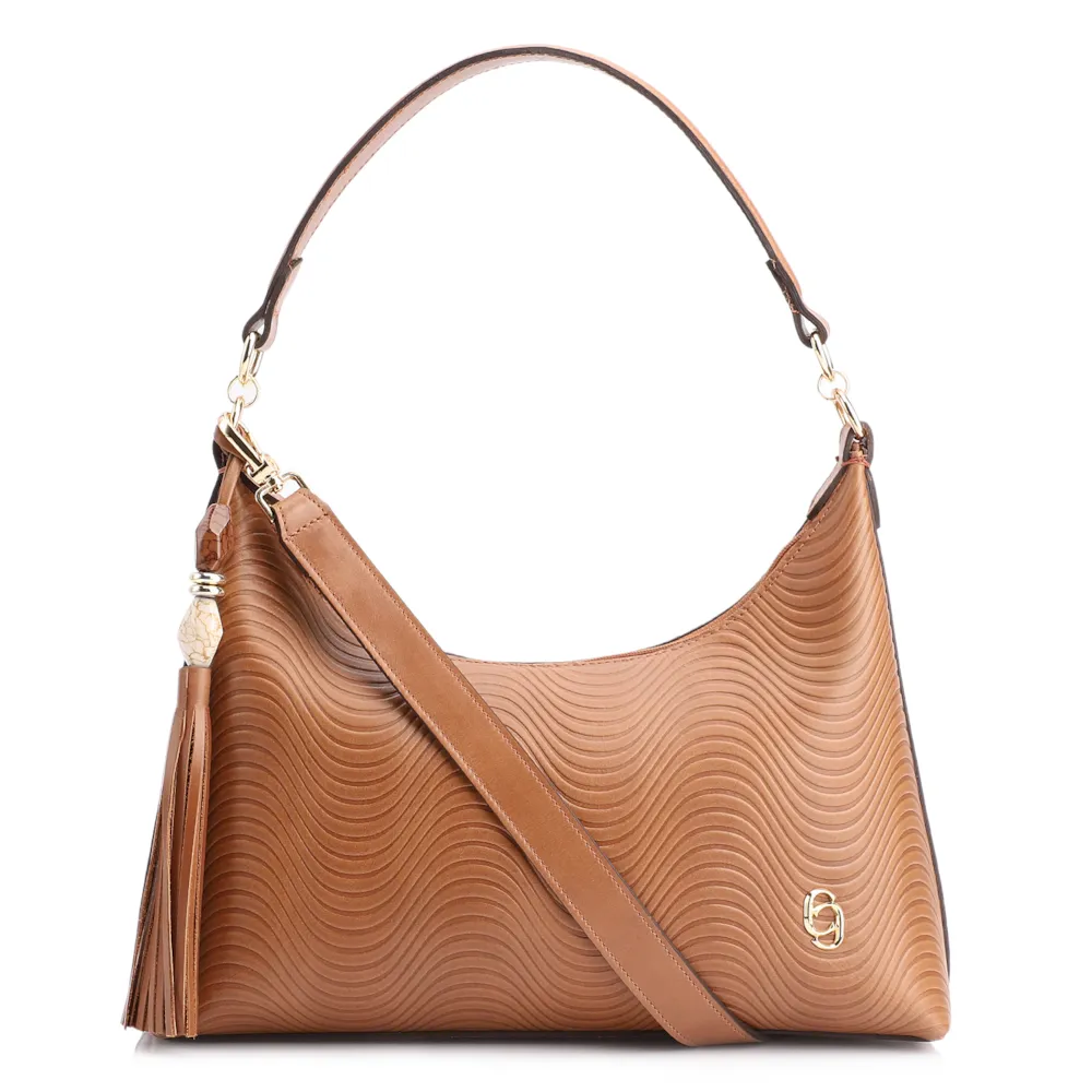 Bolsa De Ombro Ondas Couro Marrom Claro