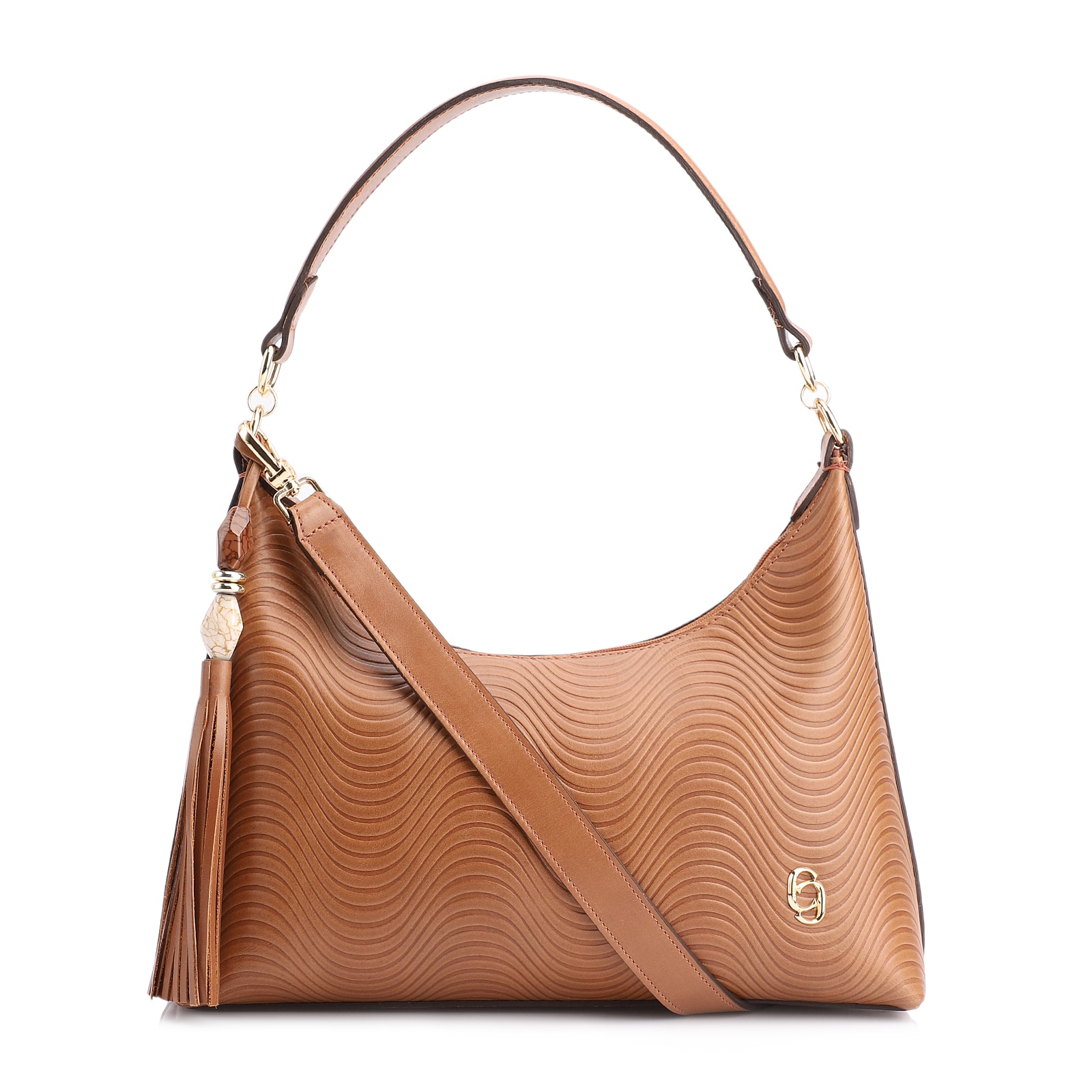 Bolsa De Ombro Ondas Couro Marrom Claro