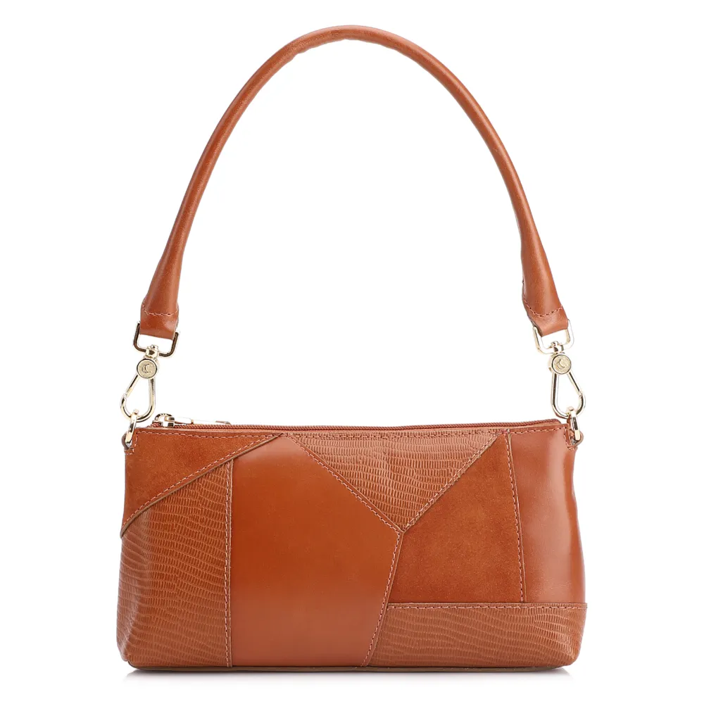 Bolsa De Ombro Patchwork Couro Marrom Claro