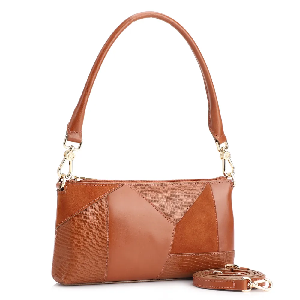 Bolsa De Ombro Patchwork Couro Marrom Claro - imagem 3