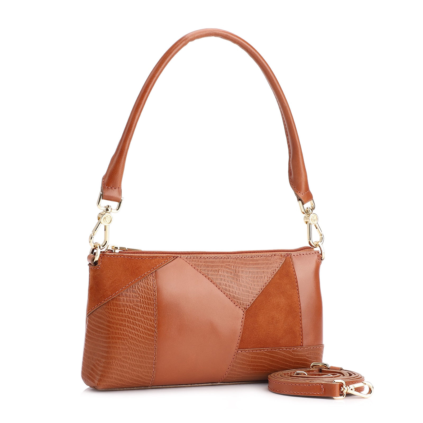 Bolsa De Ombro Patchwork Couro Marrom Claro