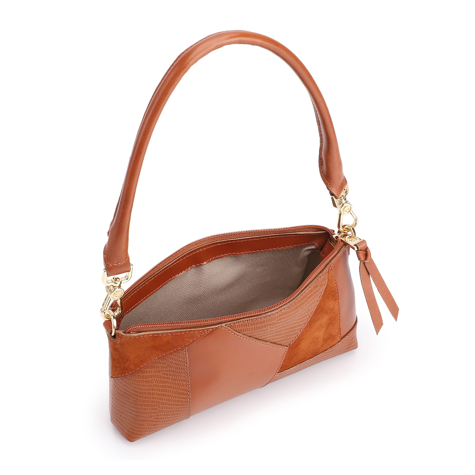 Bolsa De Ombro Patchwork Couro Marrom Claro