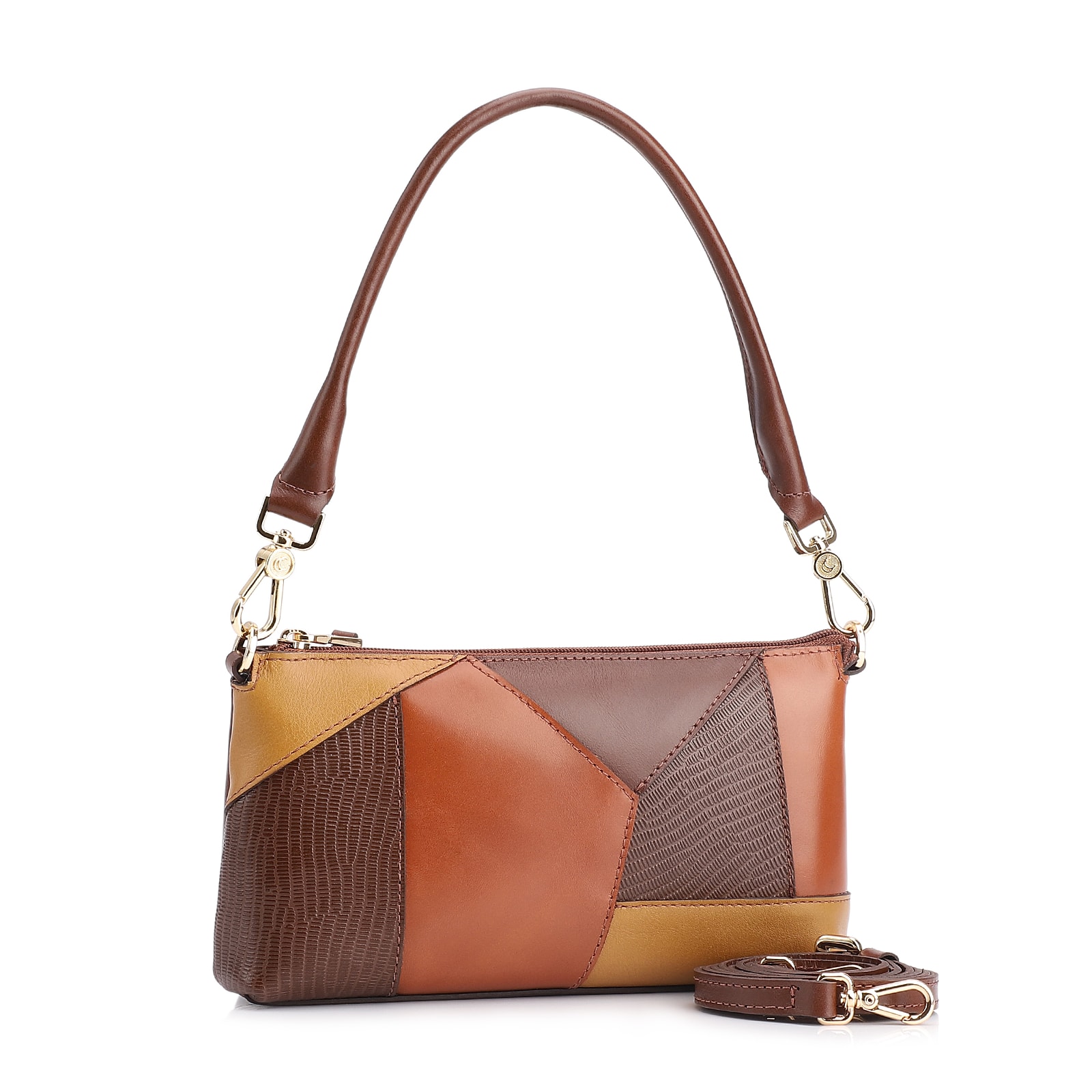 Bolsa De Ombro Patchwork Couro Marrom/Couro Colors