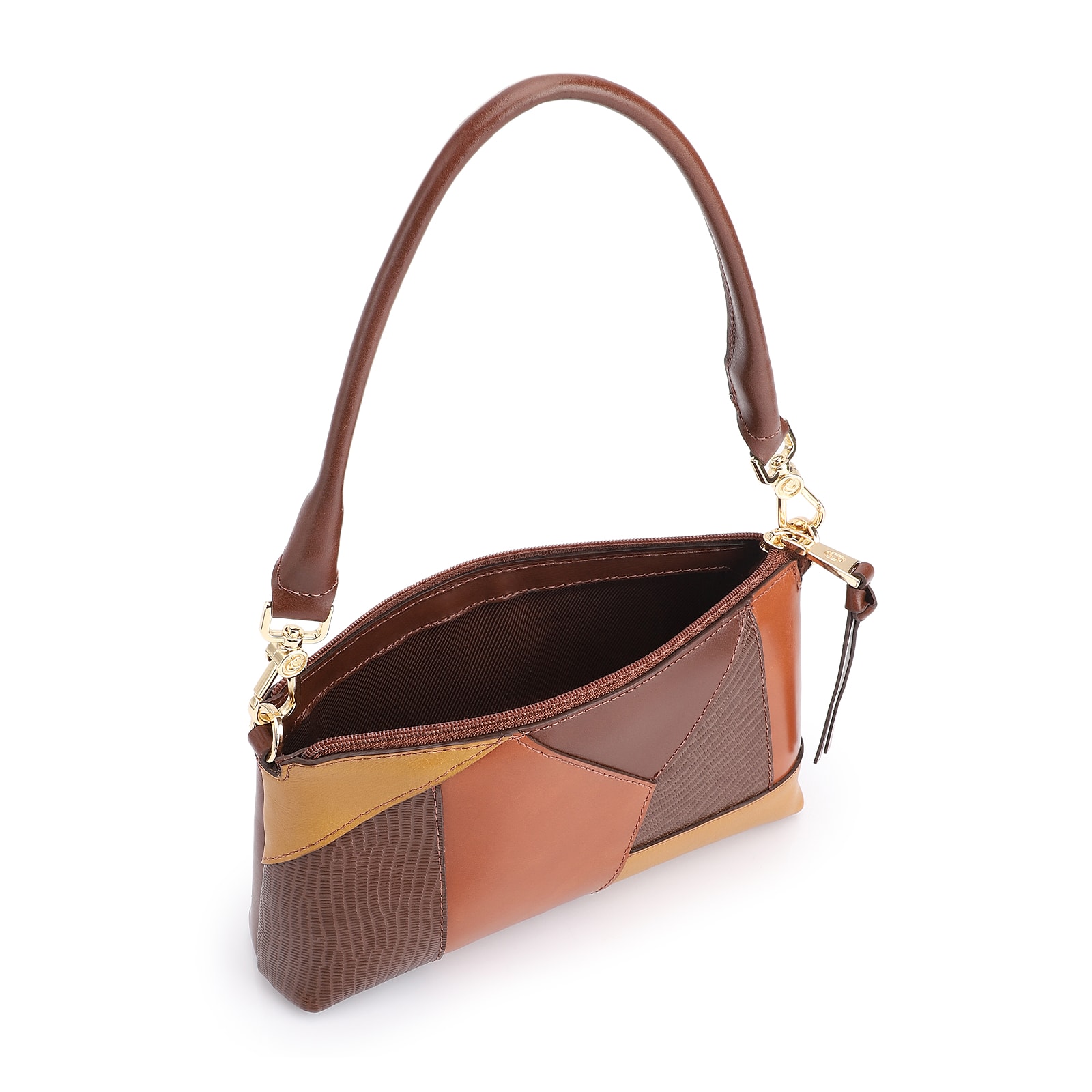 Bolsa De Ombro Patchwork Couro Marrom/Couro Colors