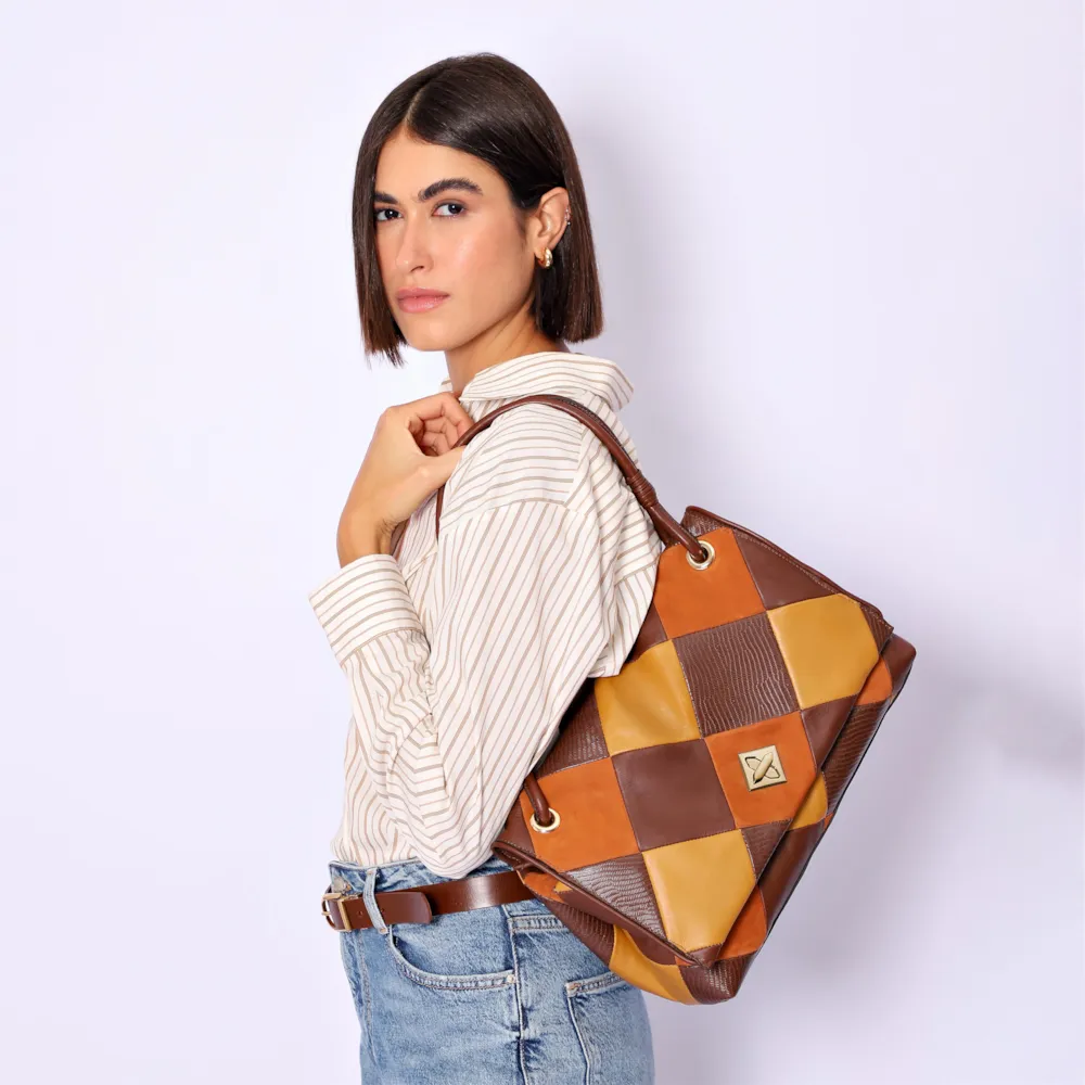 Bolsa De Ombro Patchwork Couro Marrom/Couro Colors - imagem 2