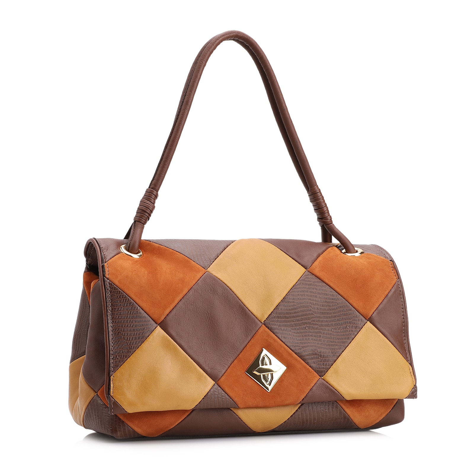 Bolsa De Ombro Patchwork Couro Marrom/Couro Colors