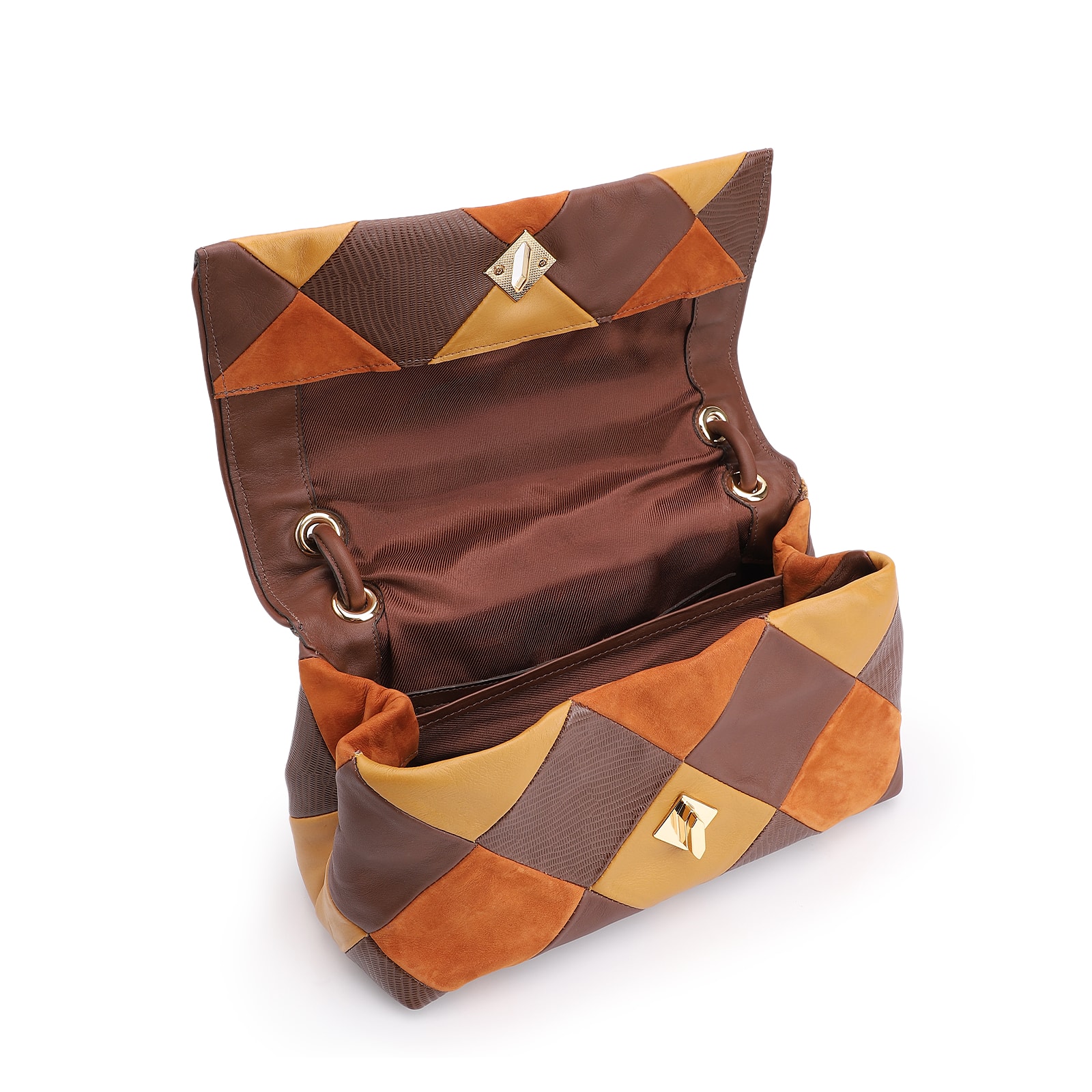 Bolsa De Ombro Patchwork Couro Marrom/Couro Colors