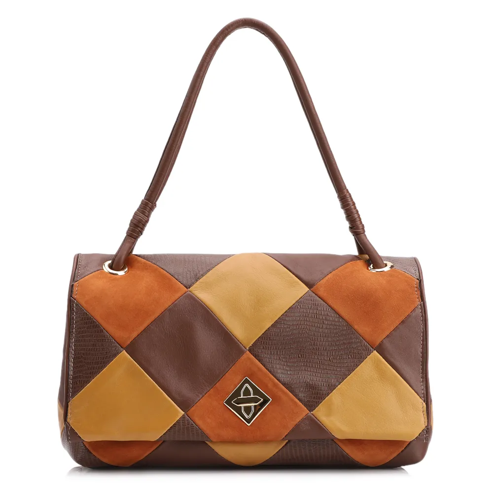 Bolsa De Ombro Patchwork Couro Marrom/Couro Colors