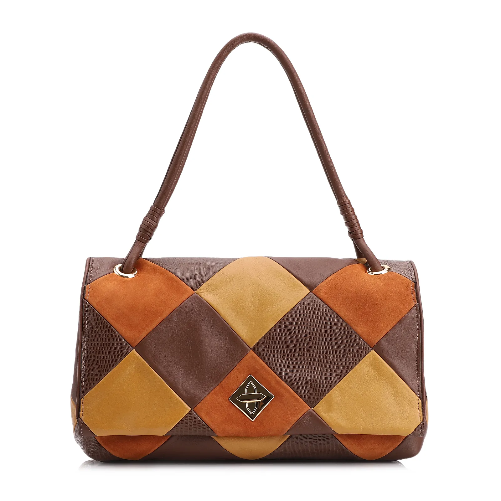 Bolsa De Ombro Patchwork Couro Marrom/Couro Colors