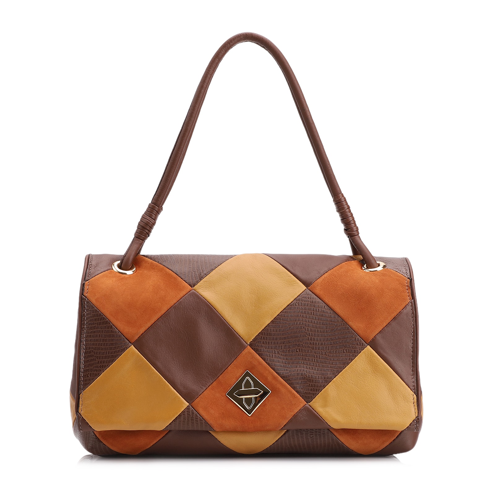 Bolsa De Ombro Patchwork Couro Marrom/Couro Colors