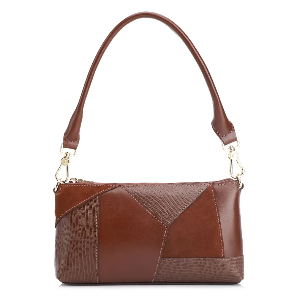 Bolsa De Ombro Patchwork Couro Marrom Escuro