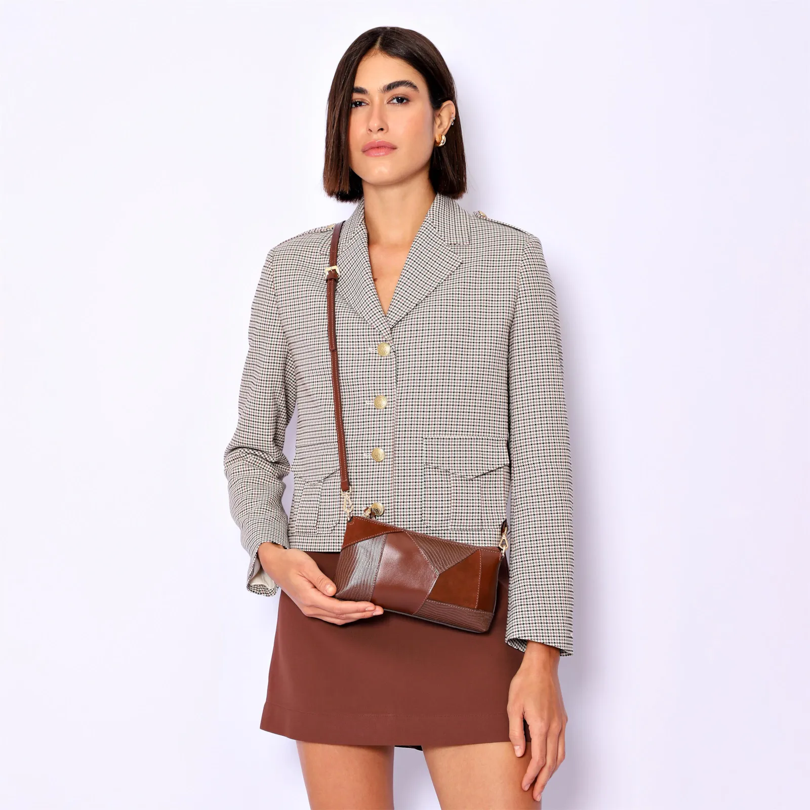 Bolsa De Ombro Patchwork Couro Marrom Escuro