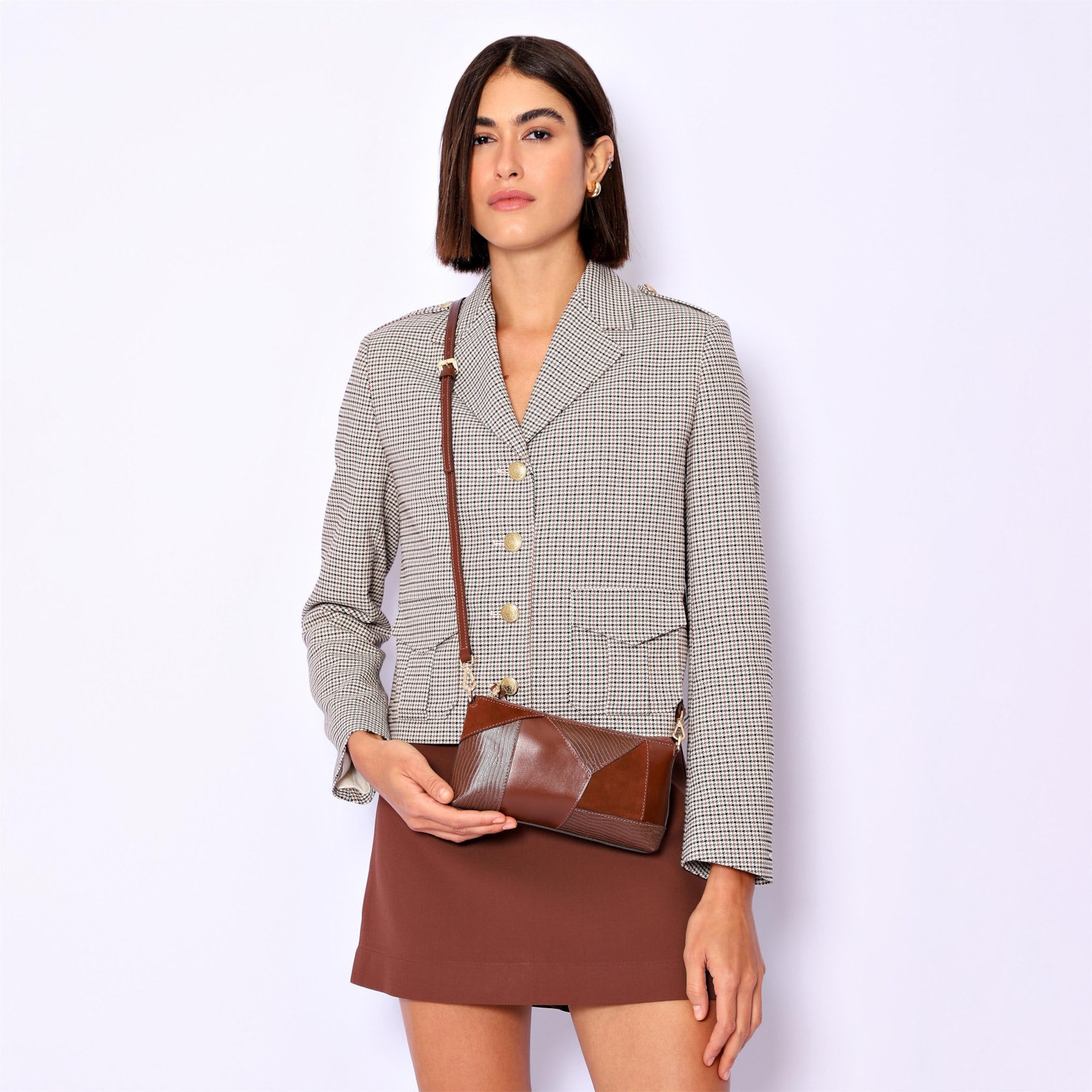 Bolsa De Ombro Patchwork Couro Marrom Escuro