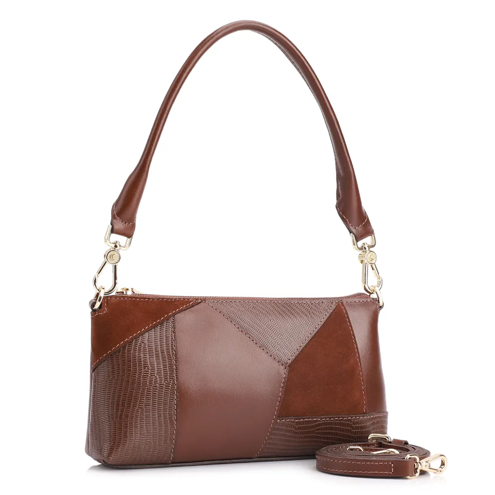 Bolsa De Ombro Patchwork Couro Marrom Escuro - imagem 3