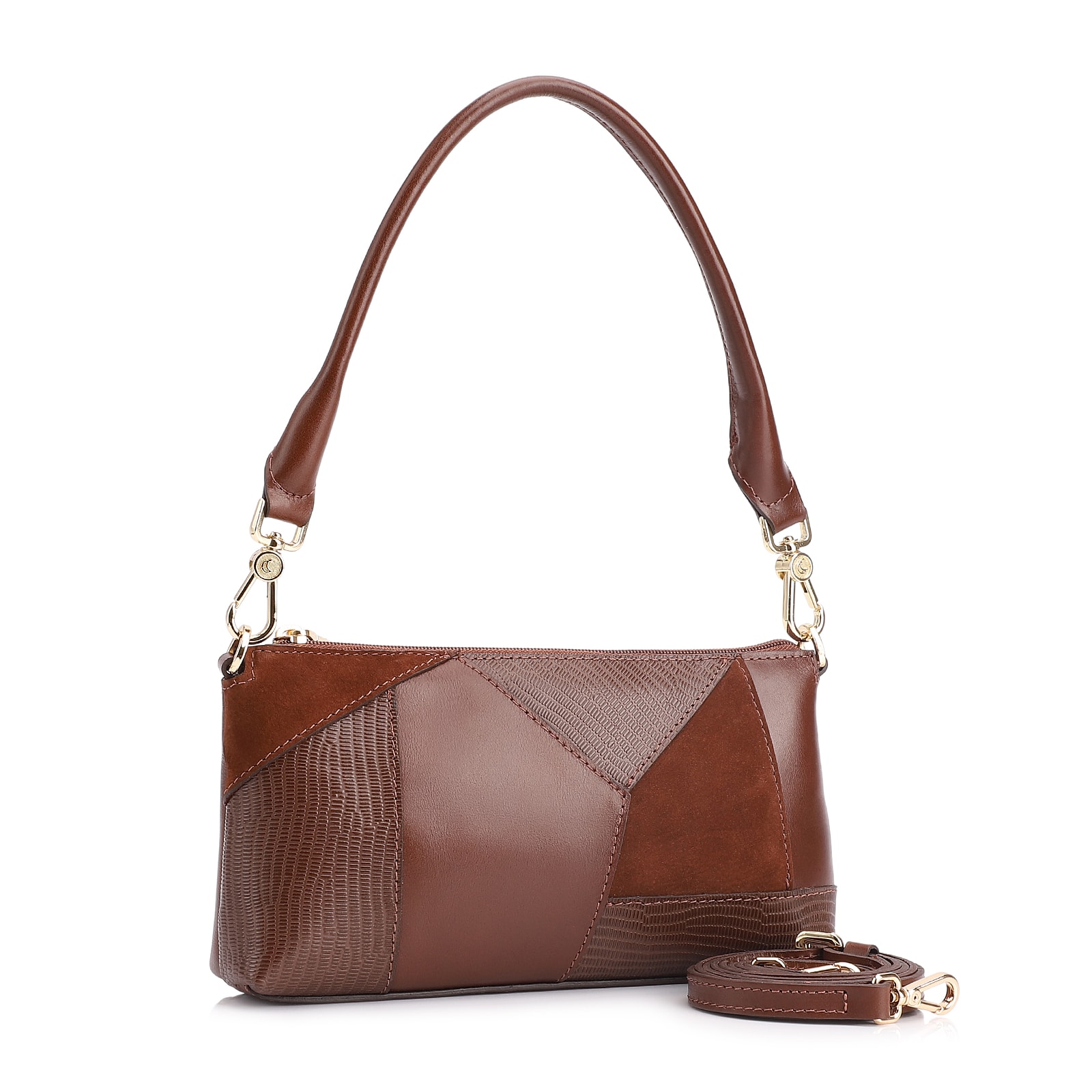 Bolsa De Ombro Patchwork Couro Marrom Escuro