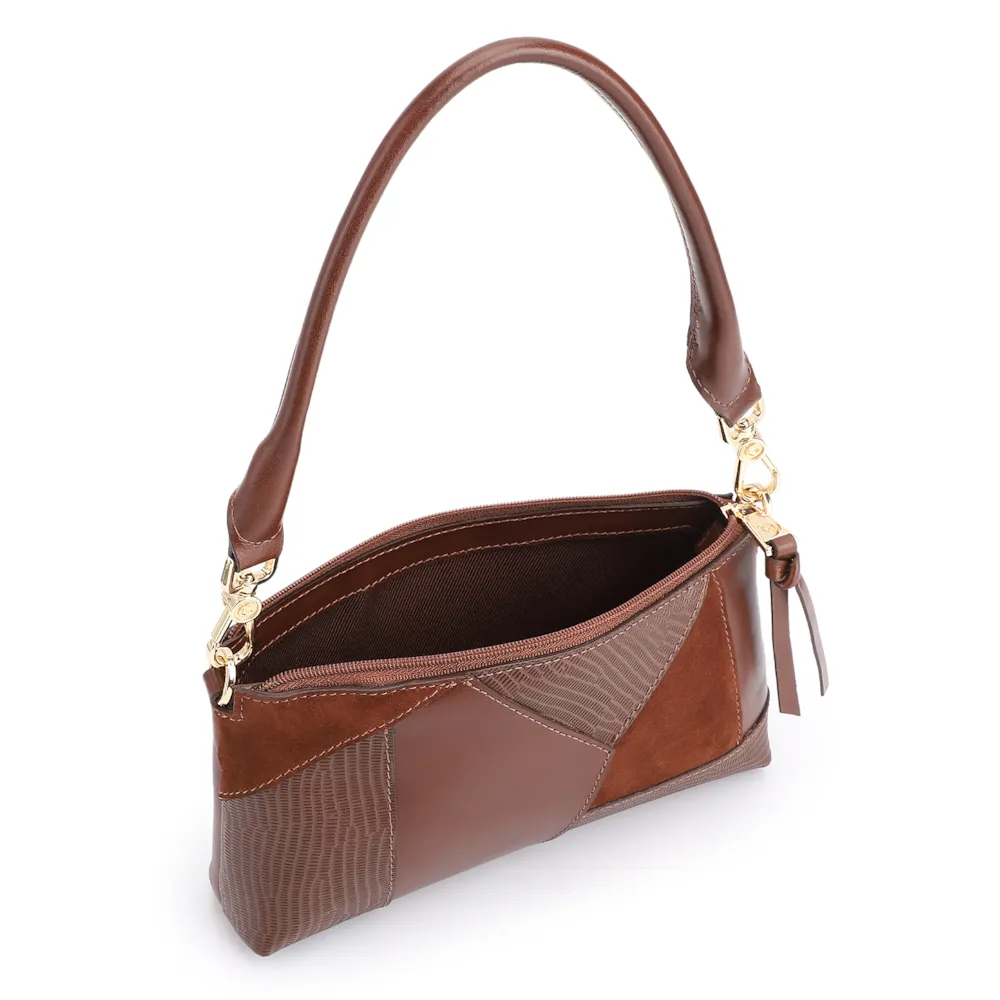 Bolsa De Ombro Patchwork Couro Marrom Escuro - imagem 5