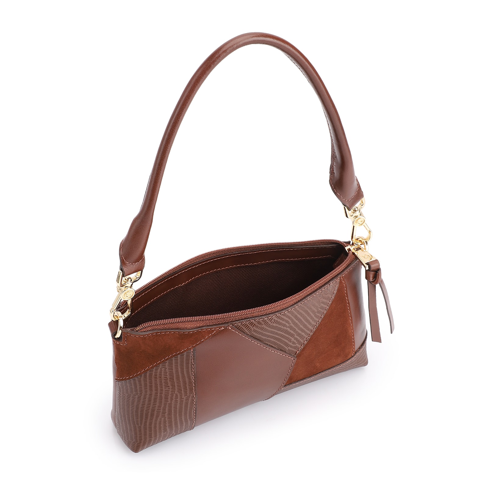 Bolsa De Ombro Patchwork Couro Marrom Escuro
