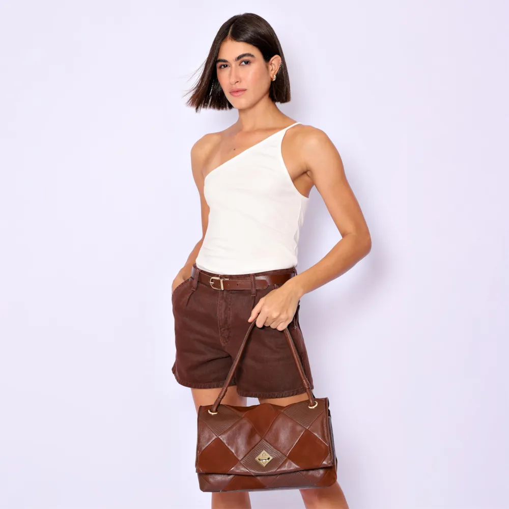 Bolsa De Ombro Patchwork Couro Marrom/Patcwork Marrom - imagem 2