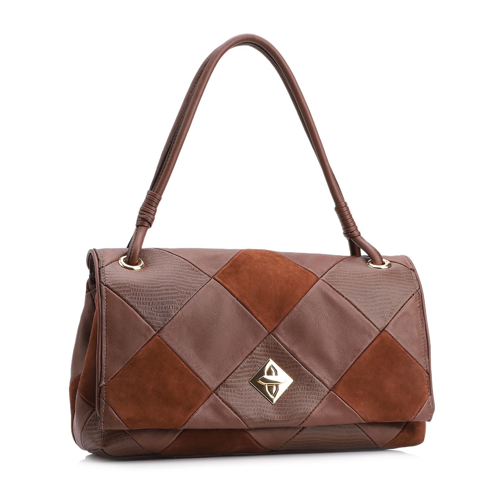 Bolsa De Ombro Patchwork Couro Marrom/Patcwork Marrom