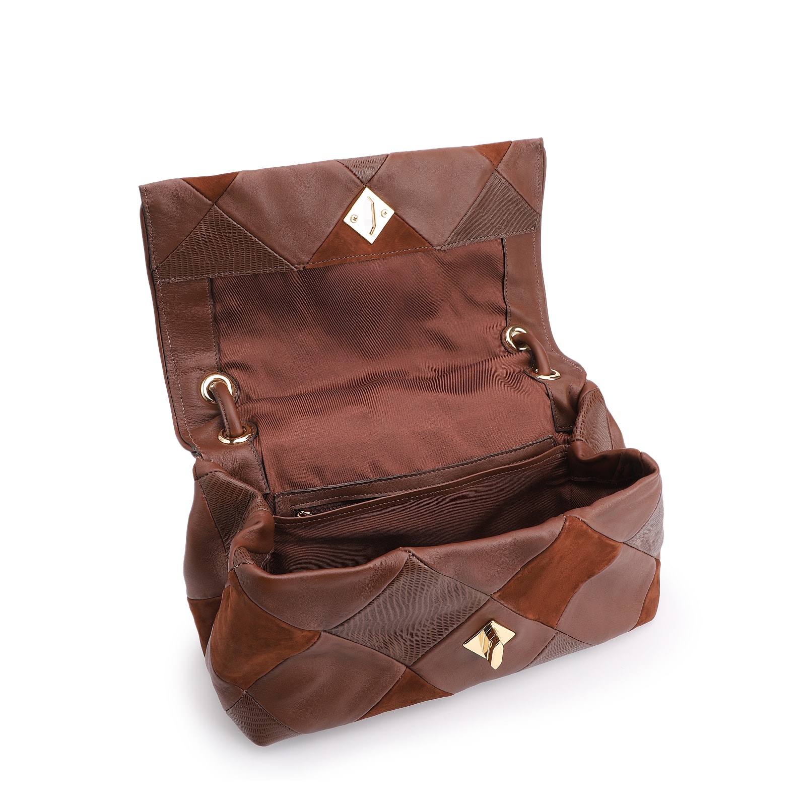Bolsa De Ombro Patchwork Couro Marrom/Patcwork Marrom