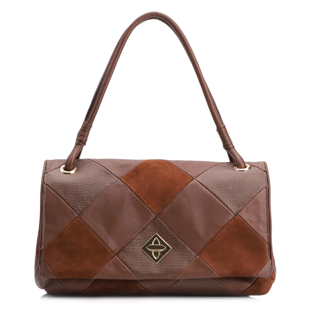 Bolsa De Ombro Patchwork Couro Marrom/Patcwork Marrom