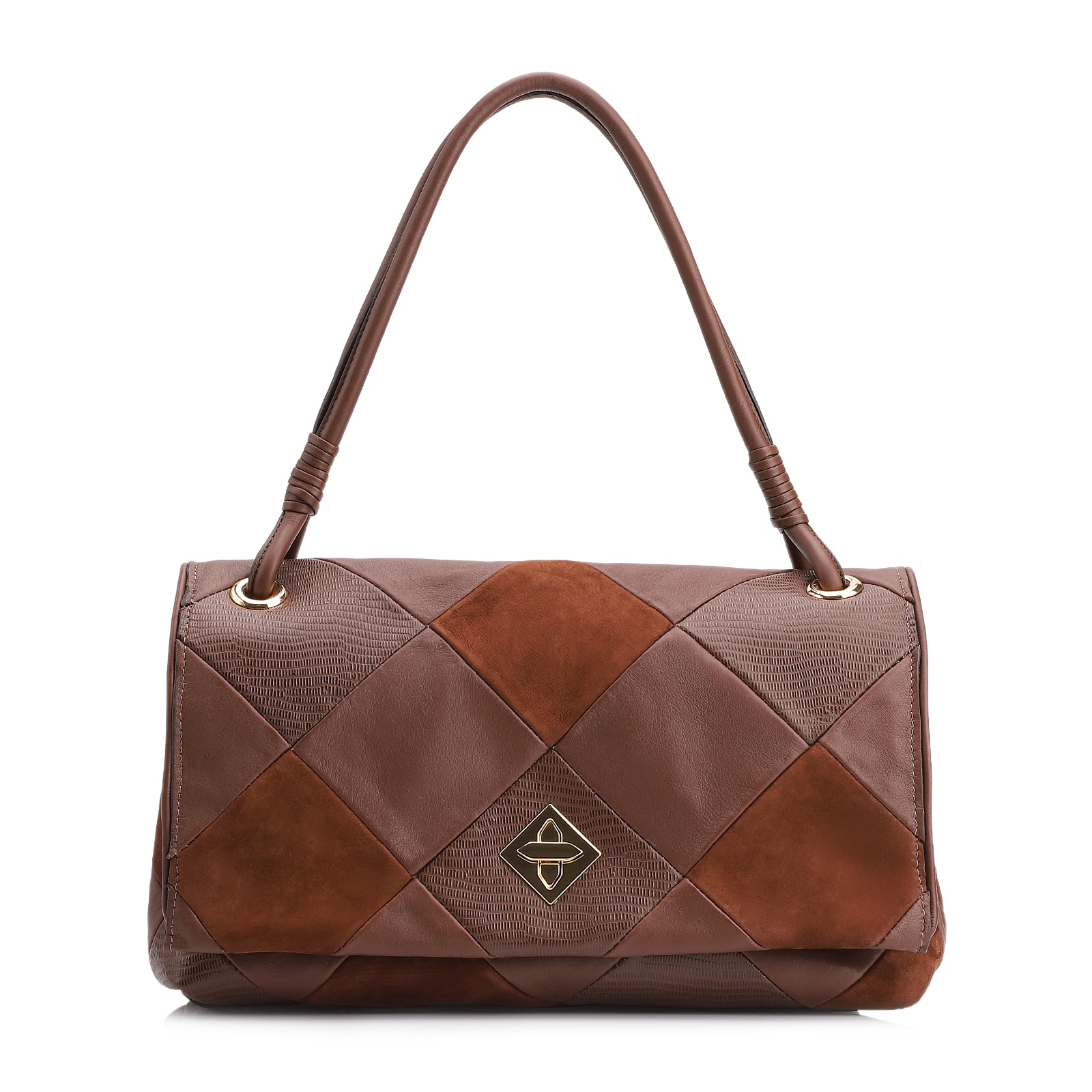 Bolsa De Ombro Patchwork Couro Marrom/Patcwork Marrom