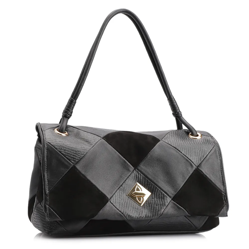 Bolsa De Ombro Patchwork Couro Preto - imagem 3