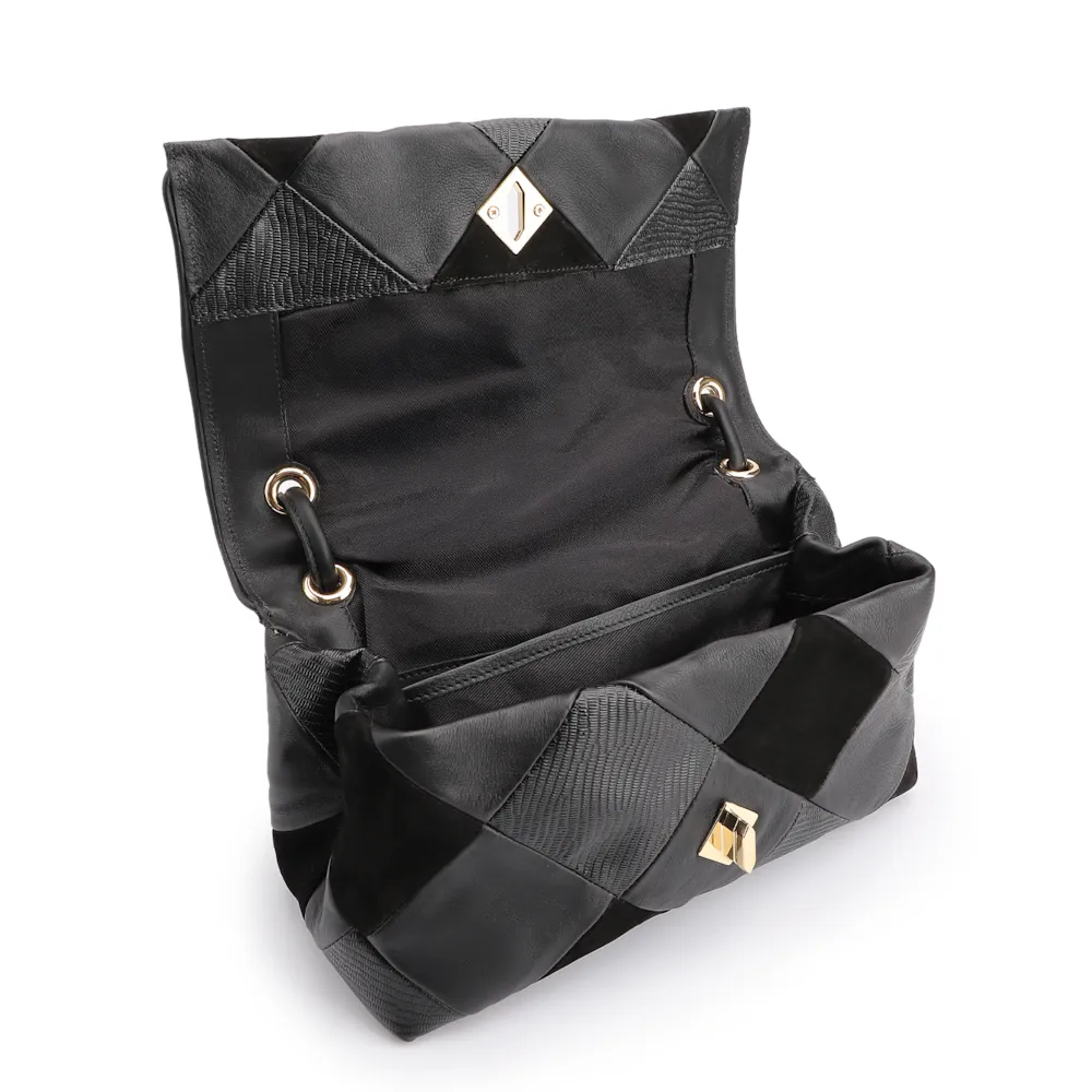 Bolsa De Ombro Patchwork Couro Preto - imagem 5