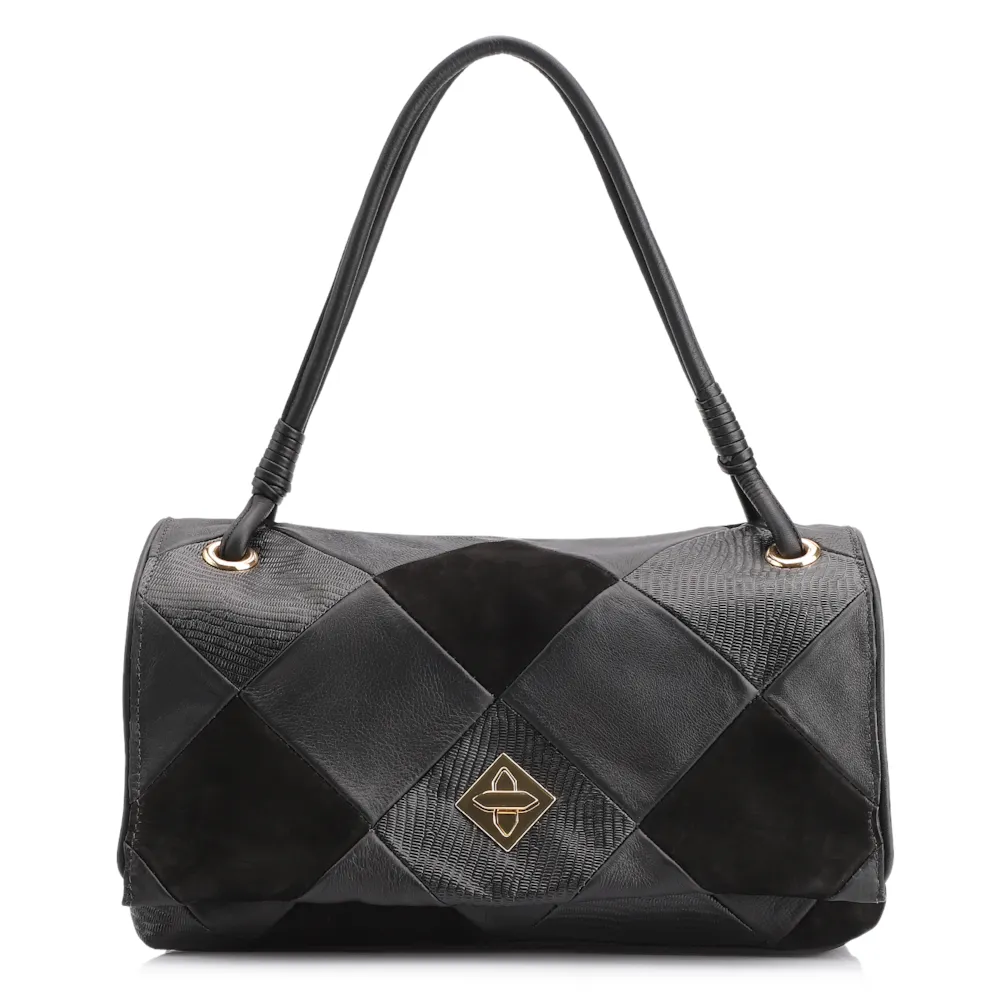 Bolsa De Ombro Patchwork Couro Preto