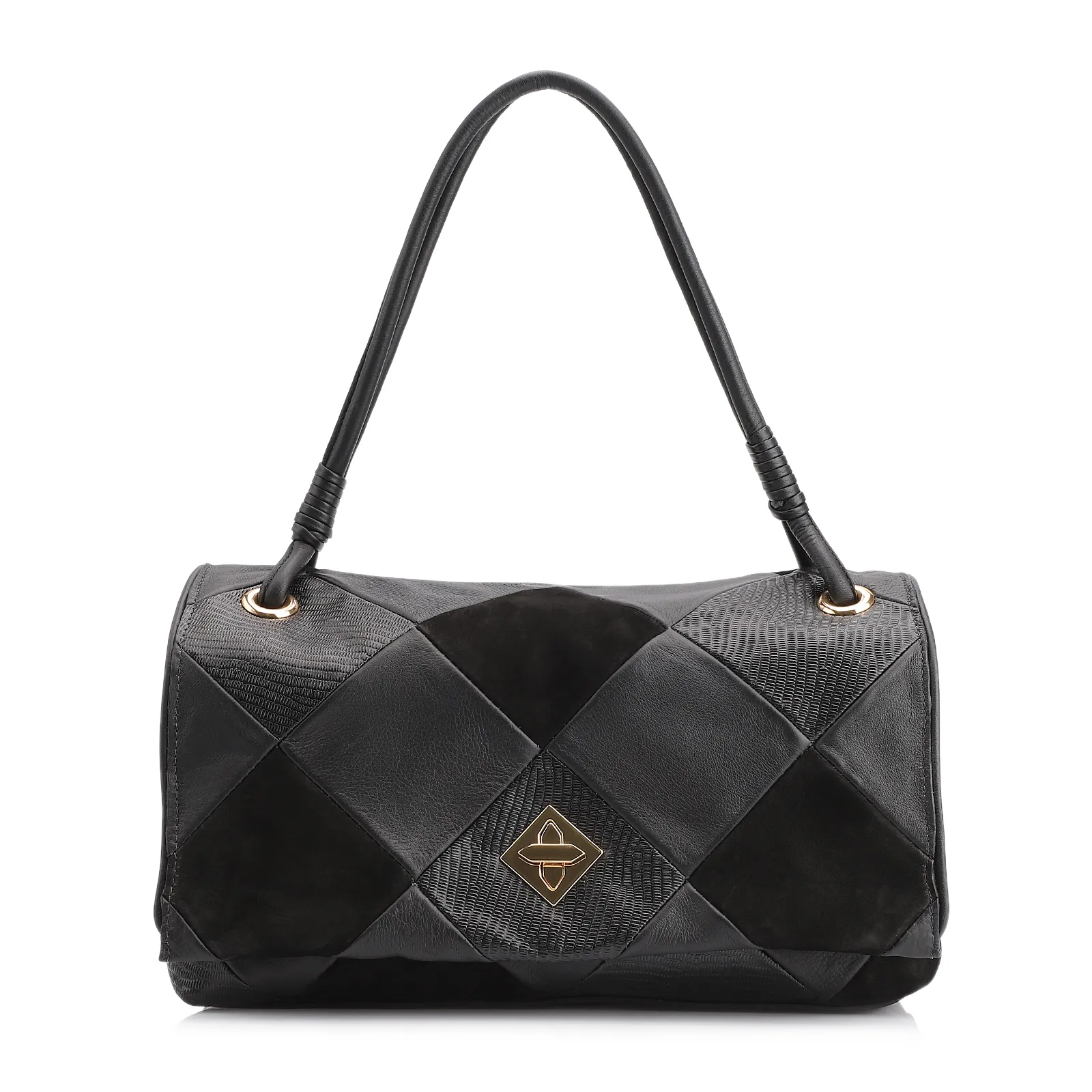 Bolsa De Ombro Patchwork Couro Preto