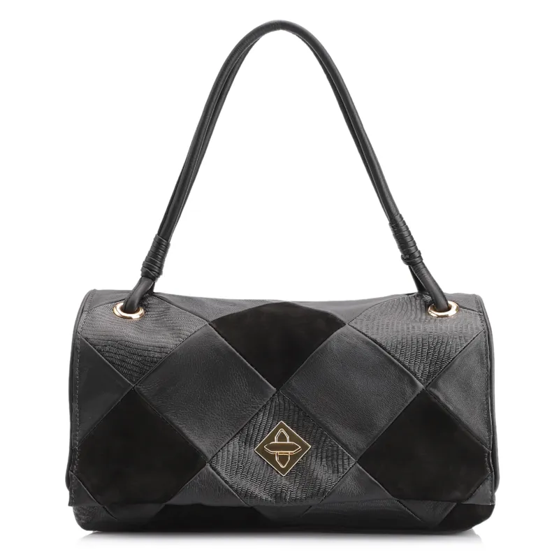 Bolsa De Ombro Patchwork Couro Preto