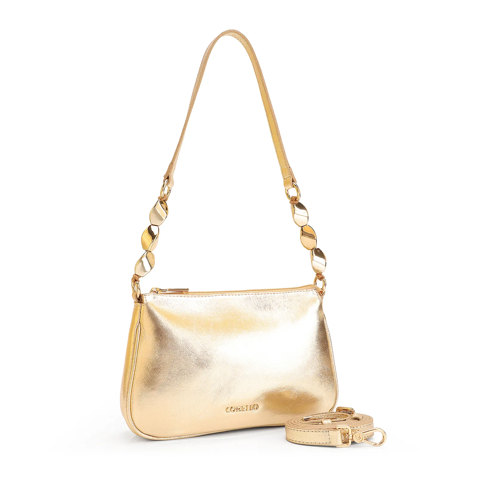 Bolsa De Ombro Pedras Couro Dourado